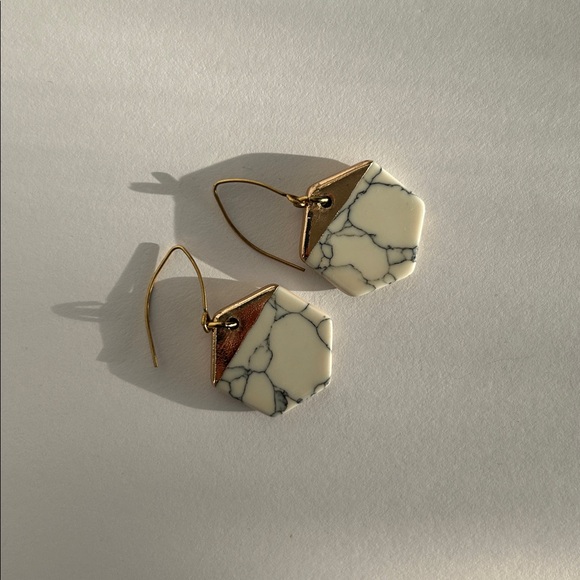 Hexagon Gold and White Marble Earrings - Picture 2 of 3